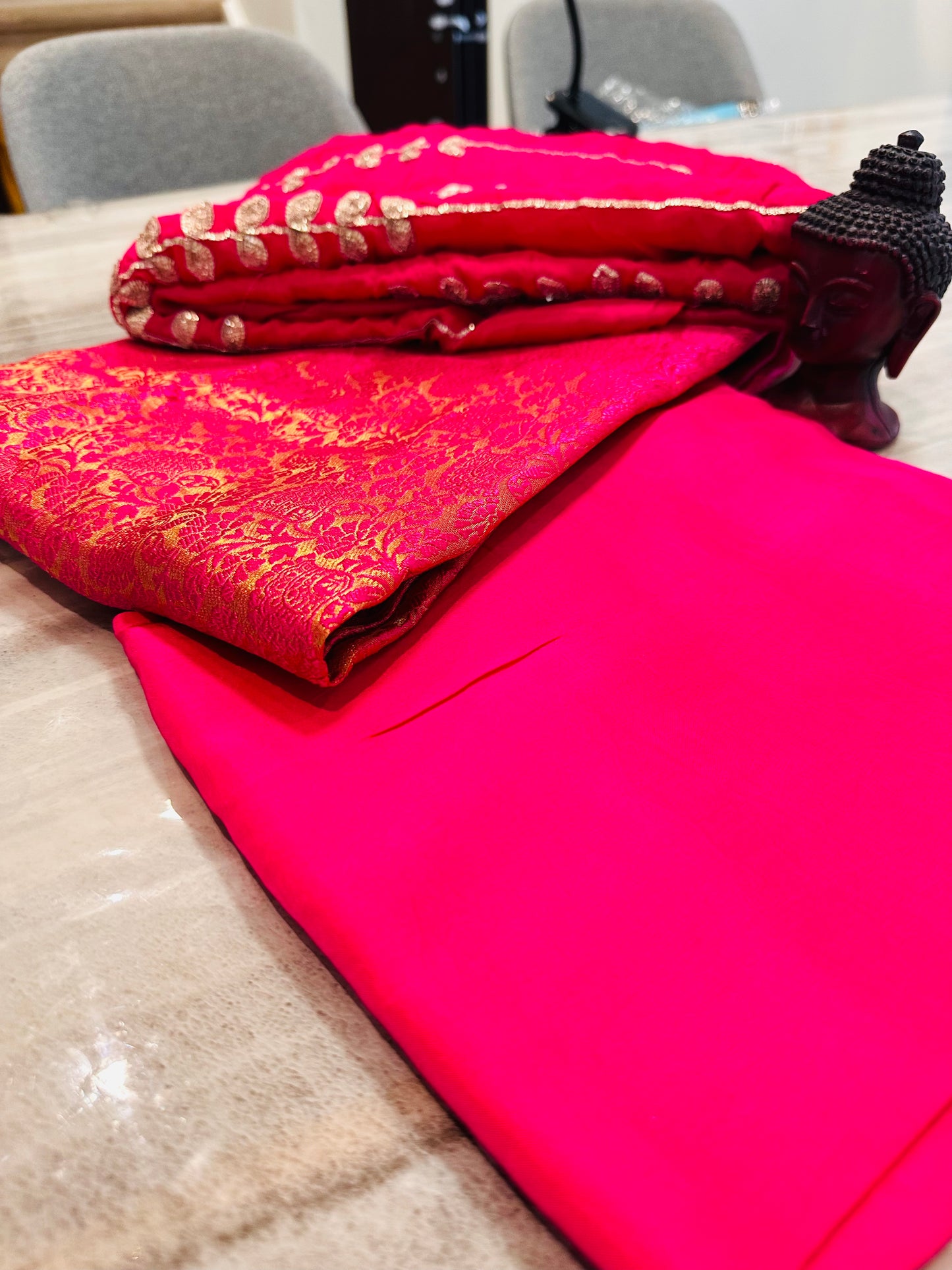 Magenta brocade shirt, plain bottom & beautiful embroidered dupata