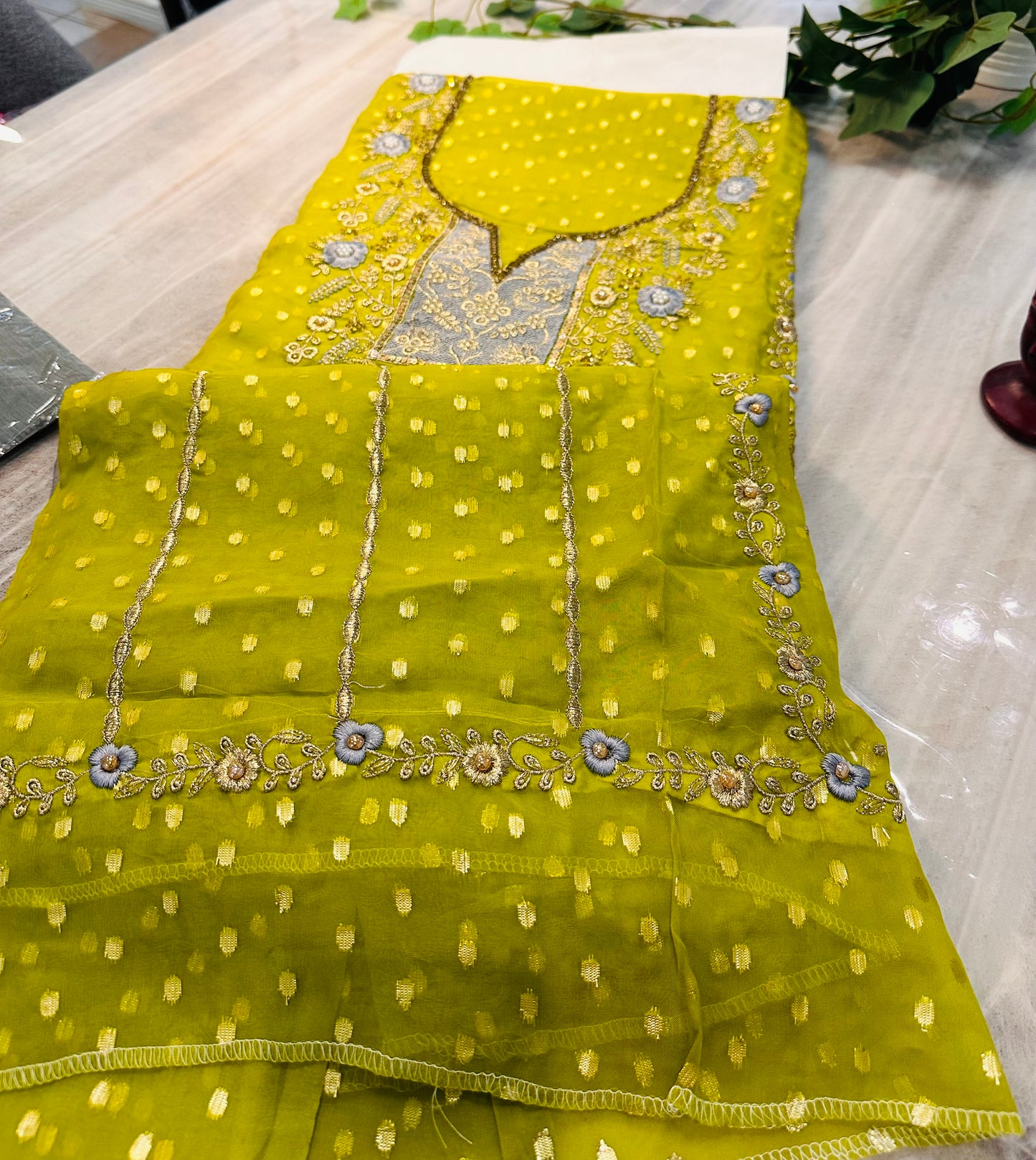 Vibrant Yellow Kameez and Gray Bottom Punjabi Suit with Intricate Embroidery