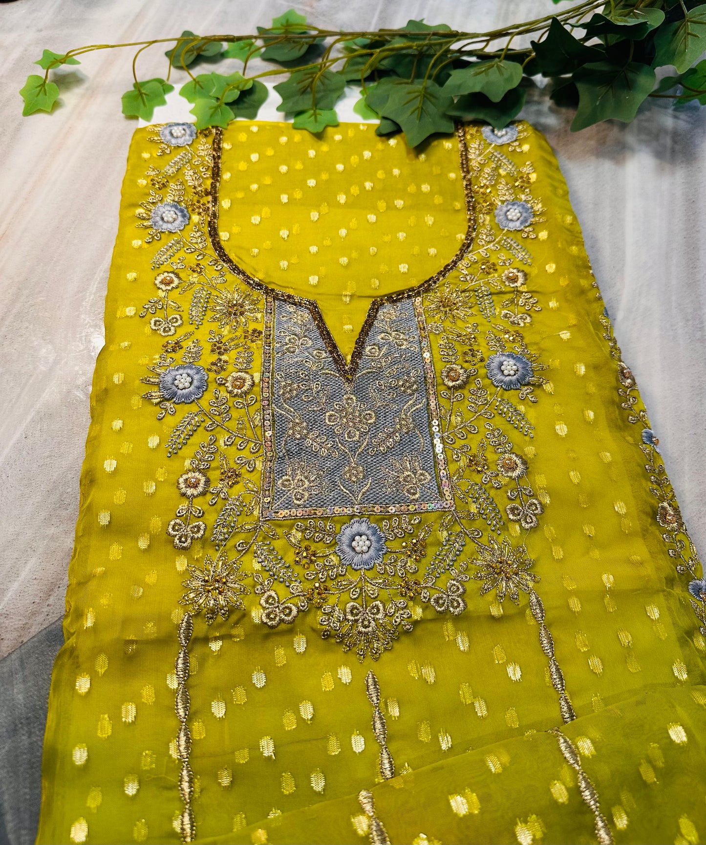 Vibrant Yellow Kameez and Gray Bottom Punjabi Suit with Intricate Embroidery