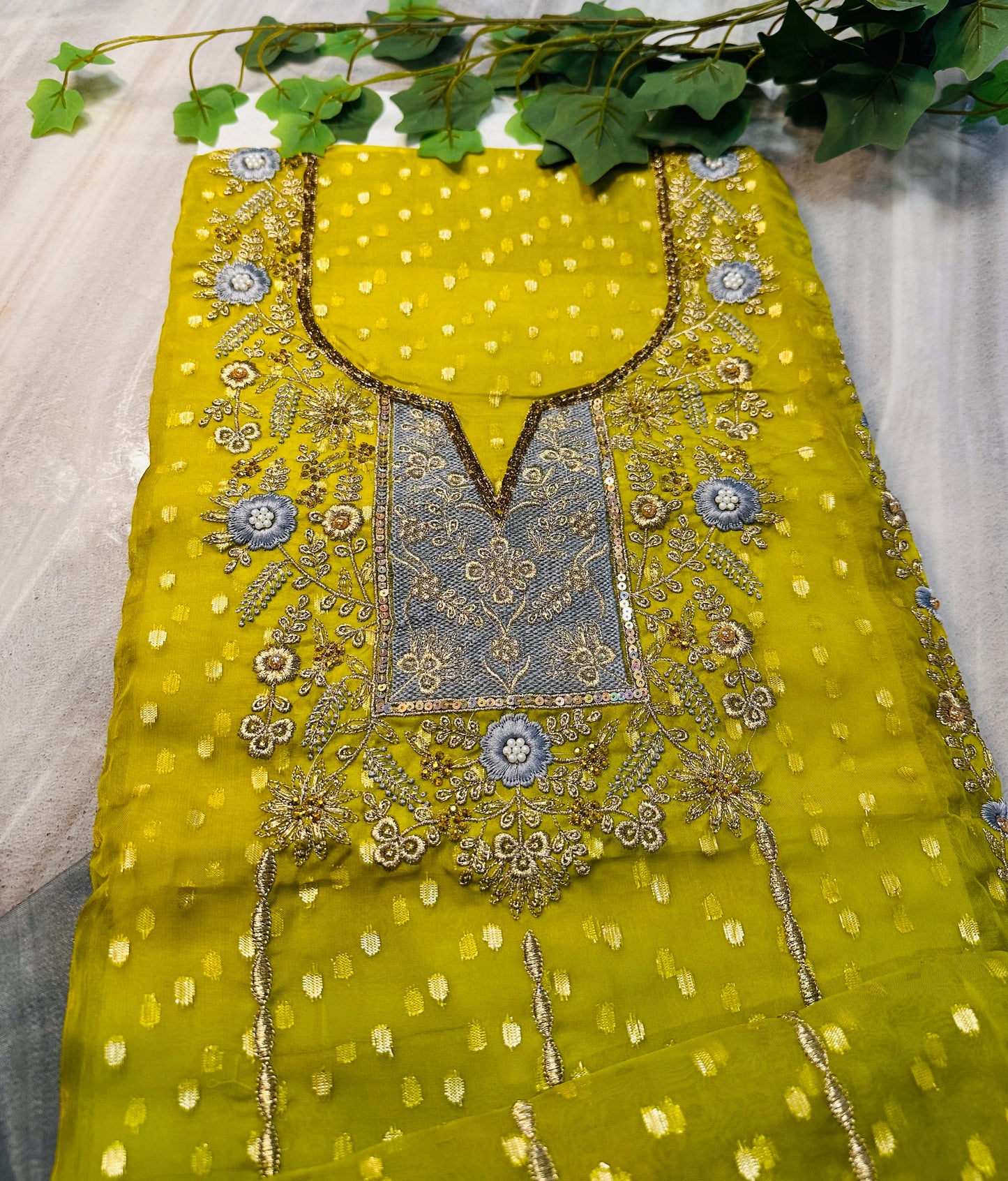 Vibrant Yellow Kameez and Gray Bottom Punjabi Suit with Intricate Embroidery