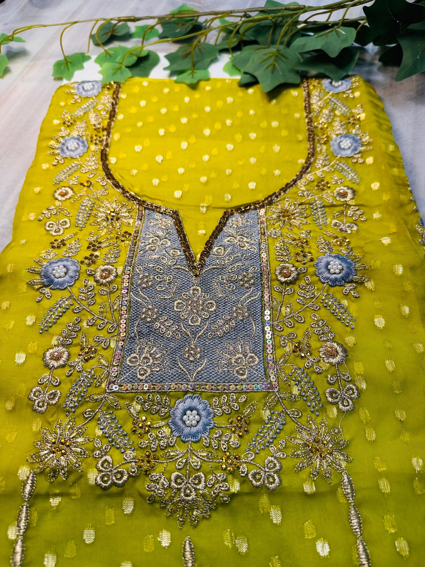 Vibrant Yellow Kameez and Gray Bottom Punjabi Suit with Intricate Embroidery