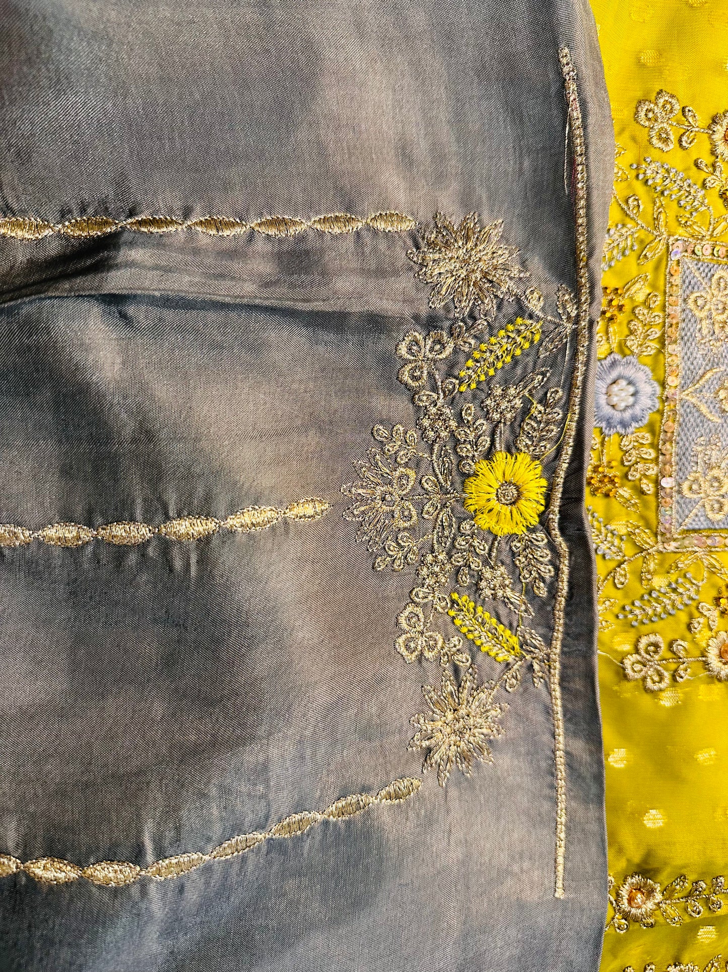 Vibrant Yellow Kameez and Gray Bottom Punjabi Suit with Intricate Embroidery