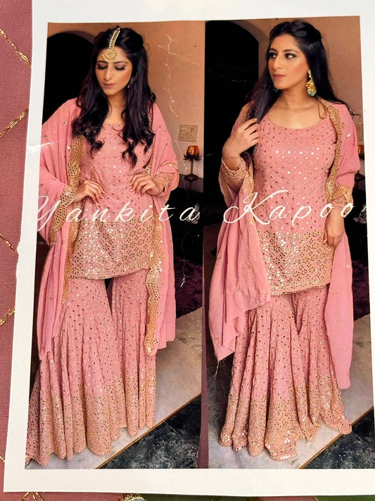 Elegant Pink Heavy Embroidered Sharara Suit in Fox Georgette