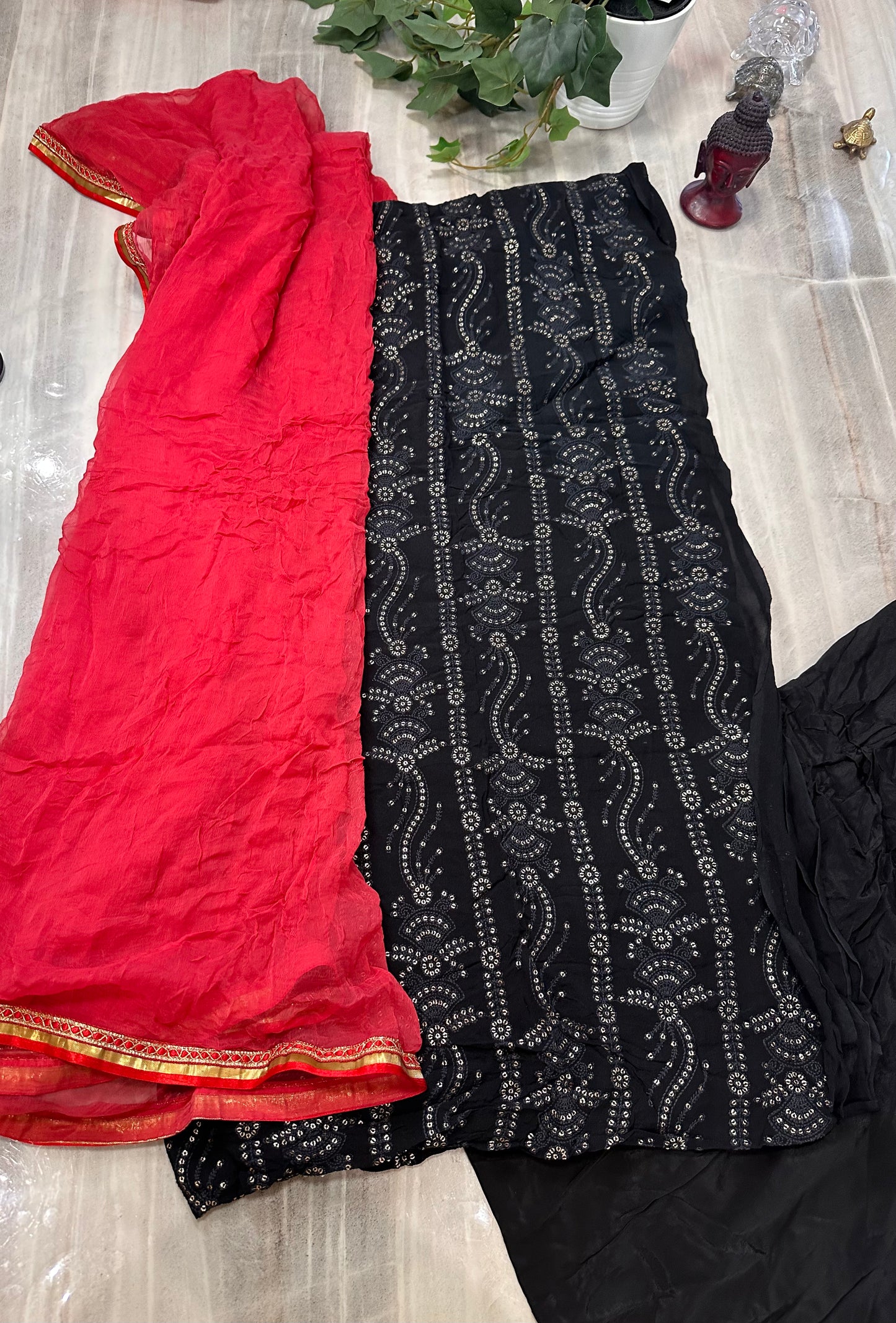 Classic Pure Georgette Lucknowi Style Black Suit with Red Dupatta