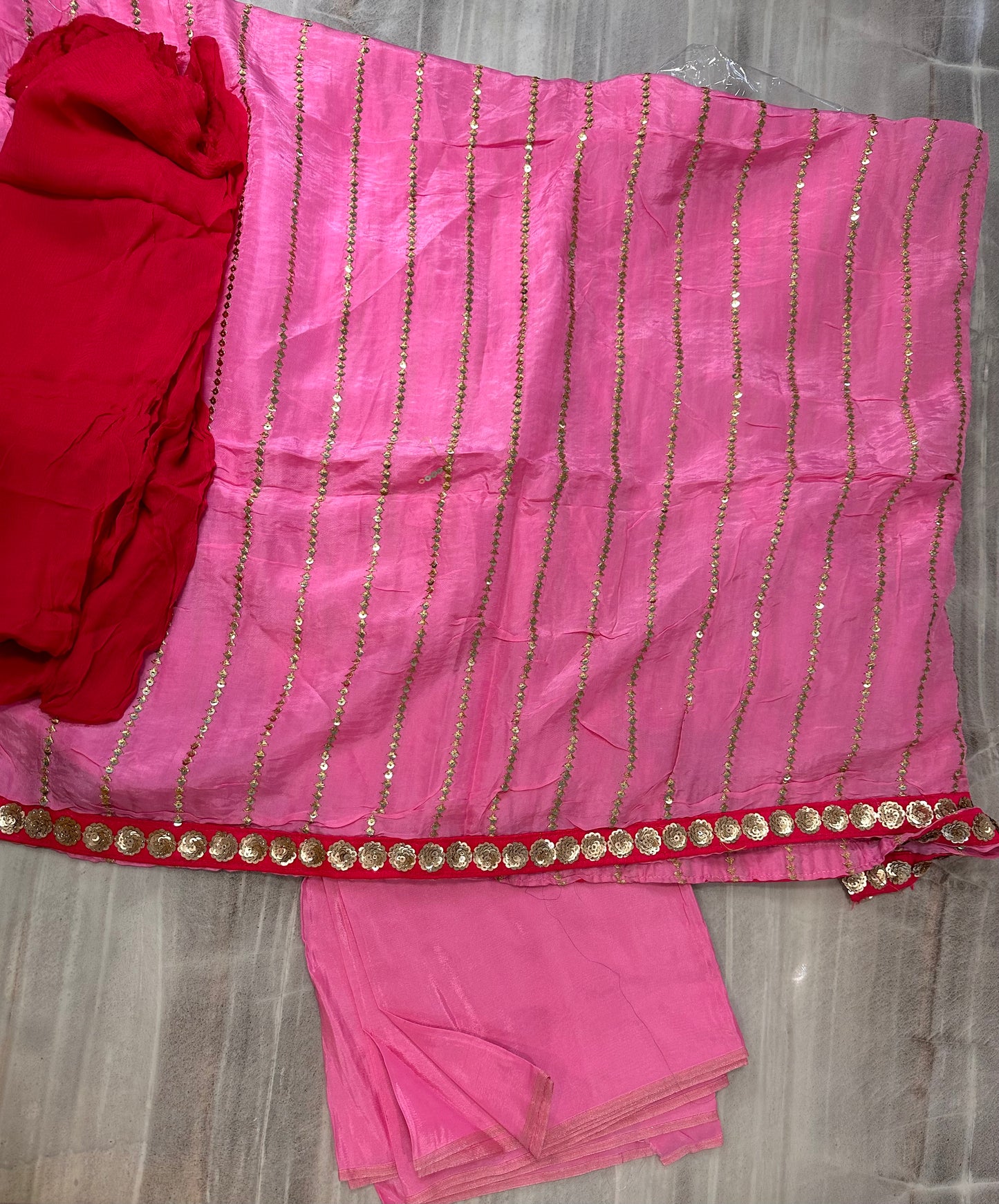 Sophisticated Tebby Silk Embroidered Pink Shirt with Plain Orange Red Dupatta and Pink Bottom