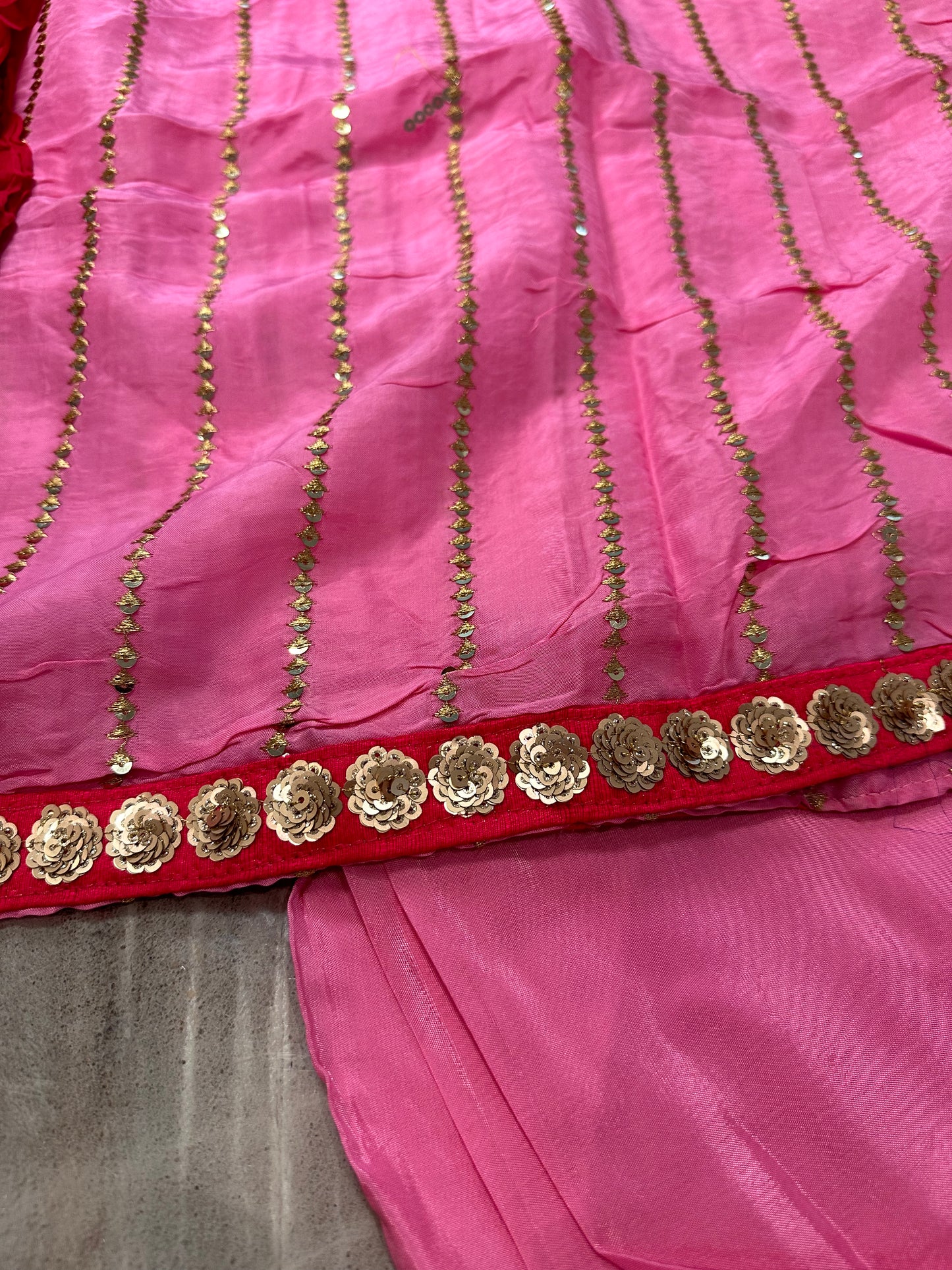 Sophisticated Tebby Silk Embroidered Pink Shirt with Plain Orange Red Dupatta and Pink Bottom