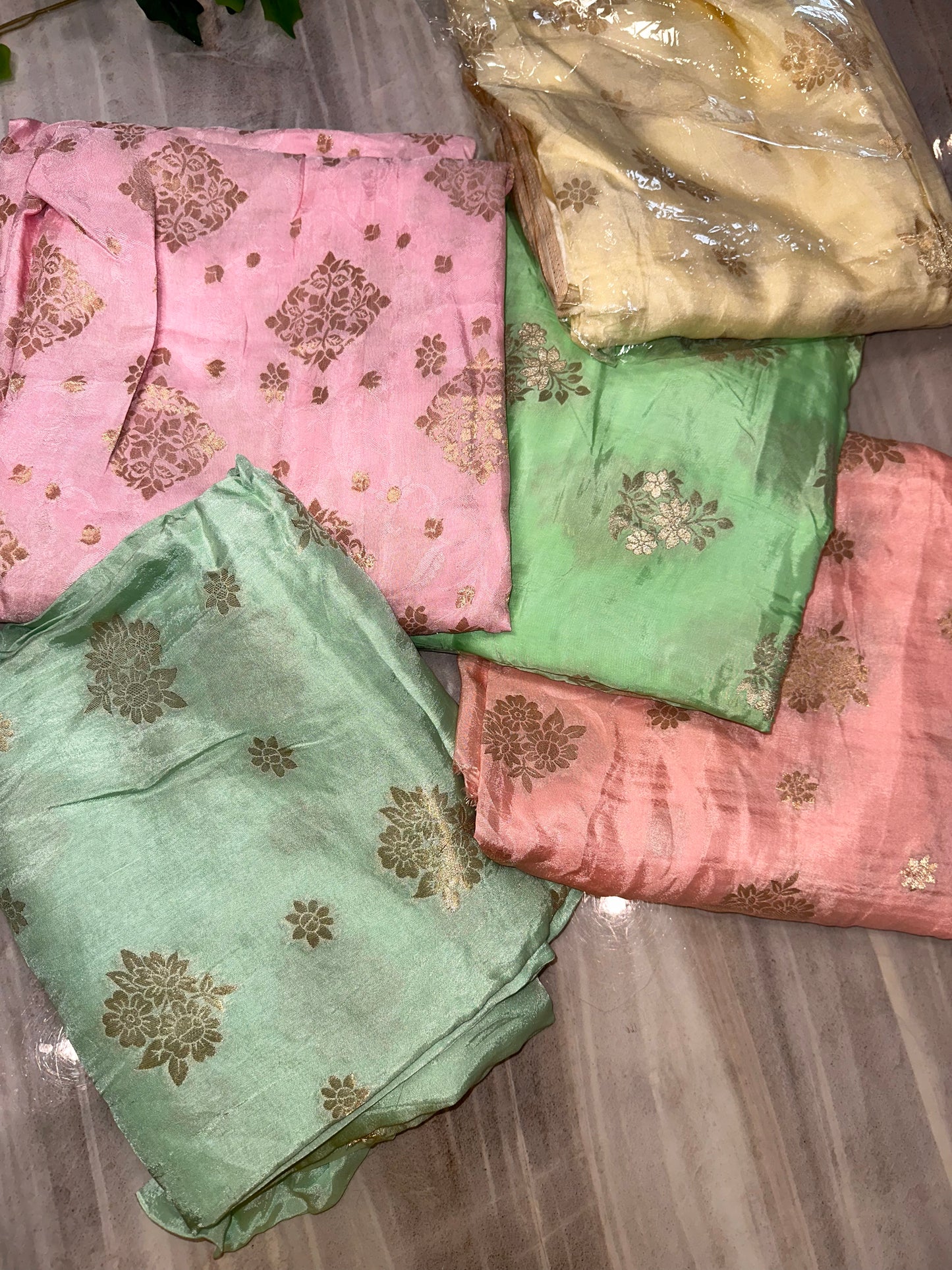 Casual Banarasi Silk Suit with Plain Bottom and Dupatta in Five Chic Colors