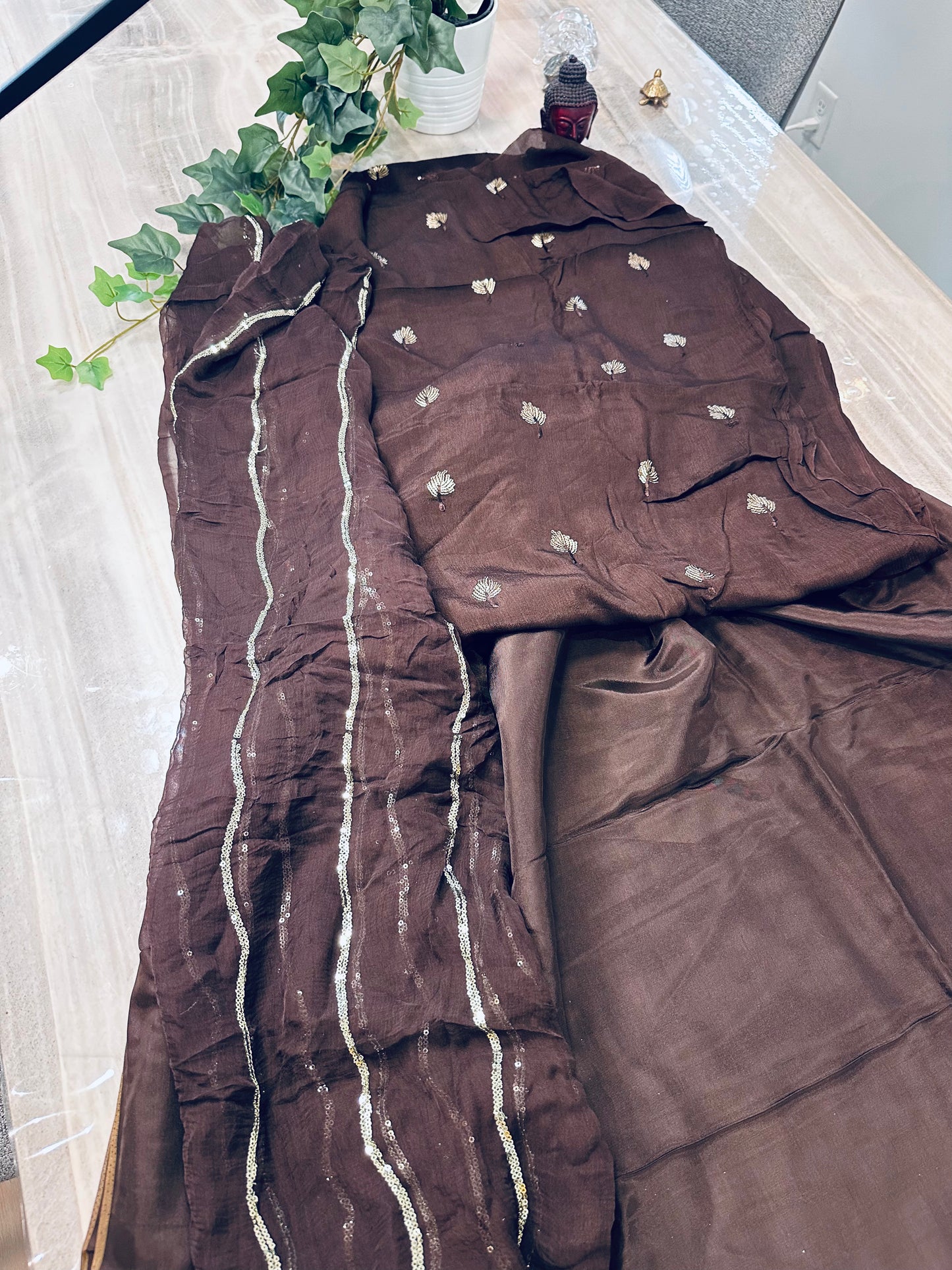 Exquisite Coffee-Colored Pure Crape Butti Work Suit with Tabby Silk Salwar and Heavy Dupatta