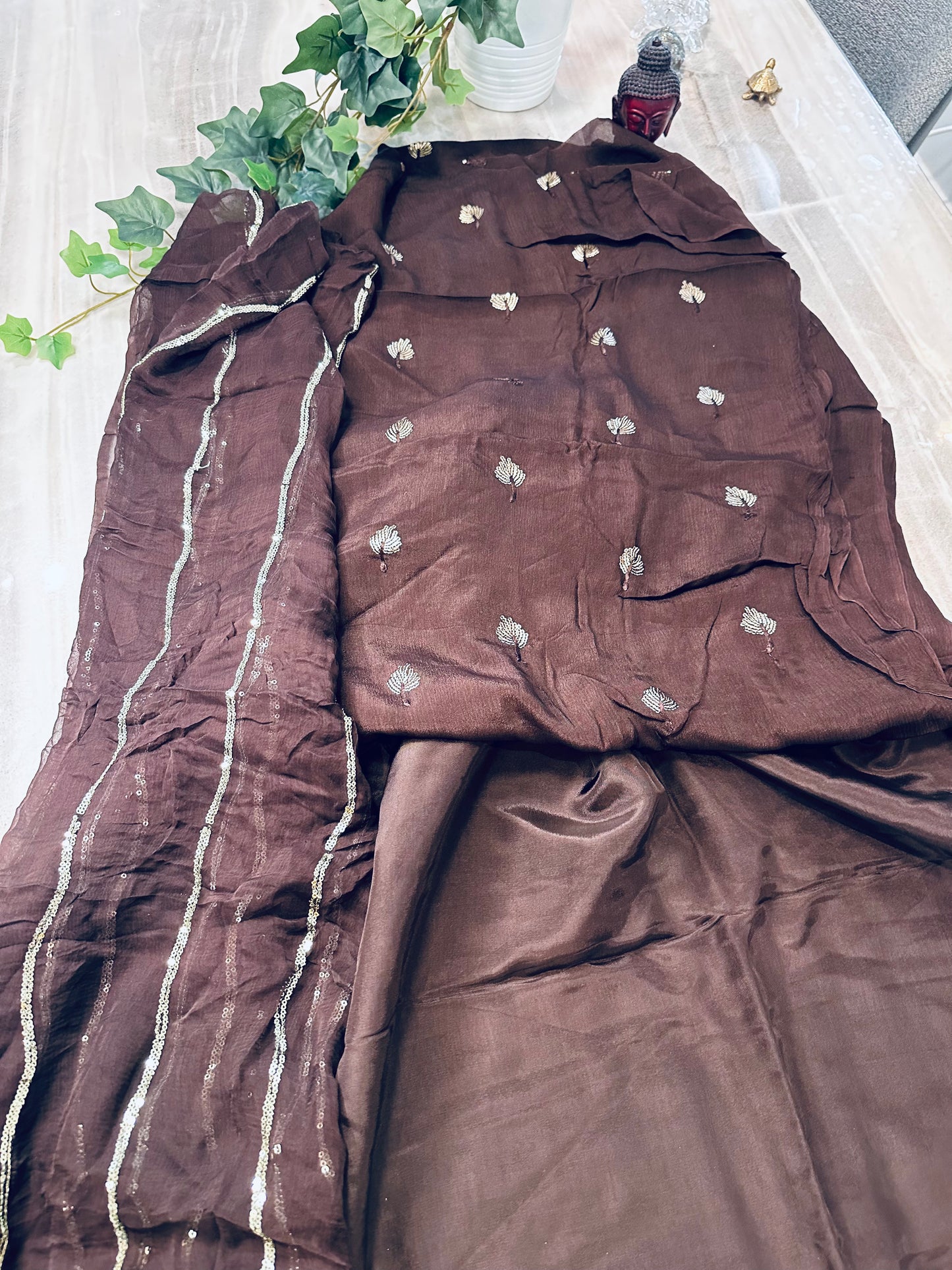 Exquisite Coffee-Colored Pure Crape Butti Work Suit with Tabby Silk Salwar and Heavy Dupatta