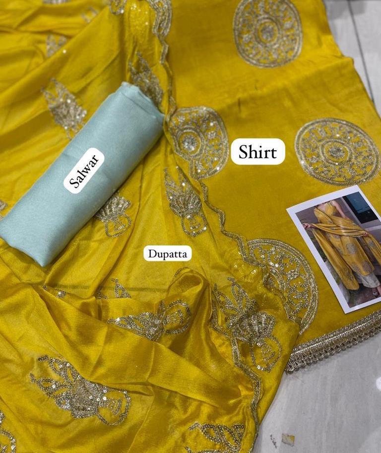 Yellow & Grey  embroidered punjabi suit