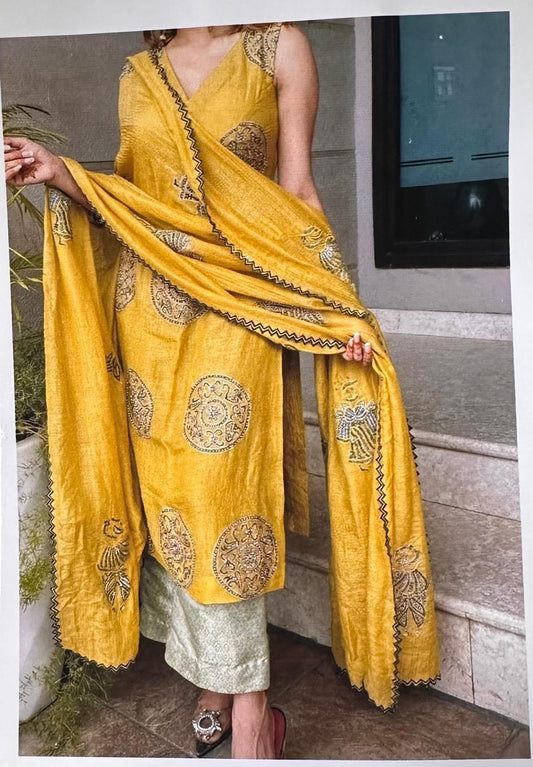 Yellow & Grey  embroidered punjabi suit